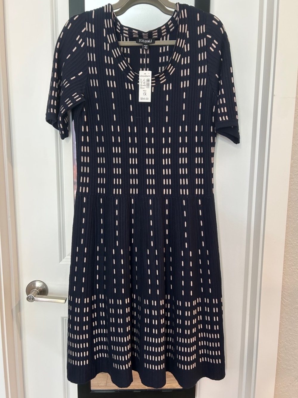 Dressbarn Navy Midi Knit Dress roz & ALI with Cream Dash Pattern